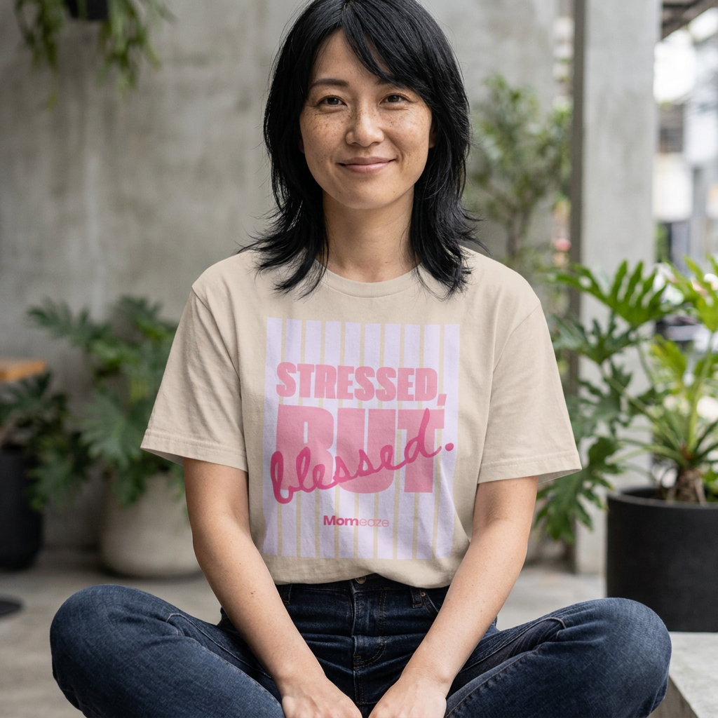 Stressed, But Blessed tee in natural unbleached cotton, detail of the printed graphic