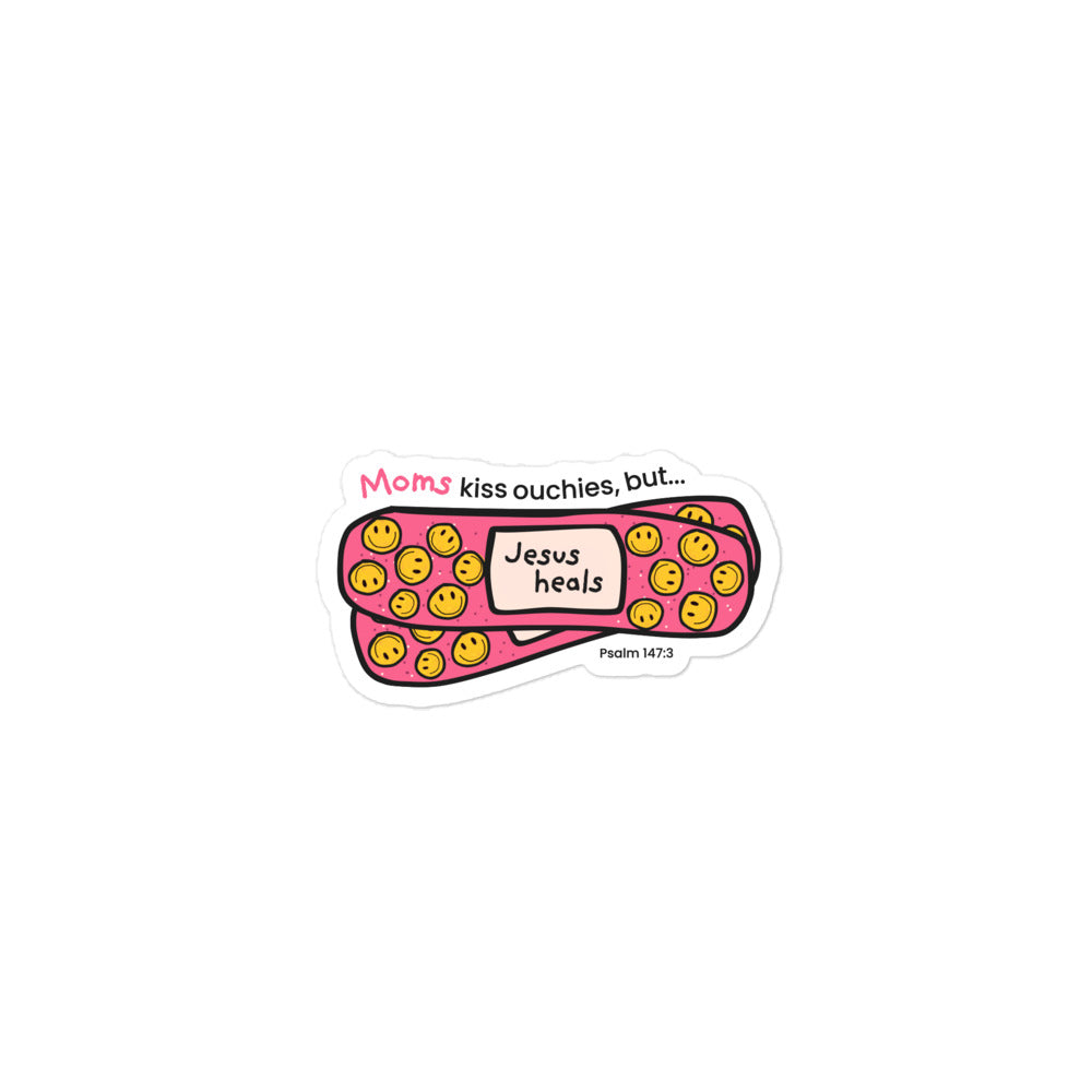 Moms Kiss Ouchies vinyl sticker, 3 by 3 inches, matte white kiss-cut