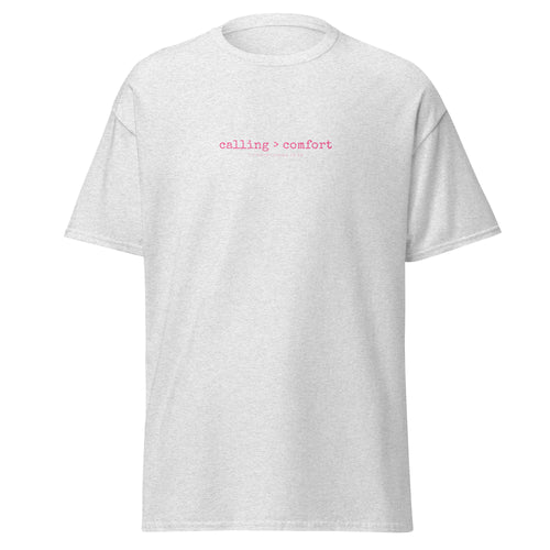 Calling > Comfort tee in ash grey, front view, with 1 Corinthians 15:58 printed small across the chest