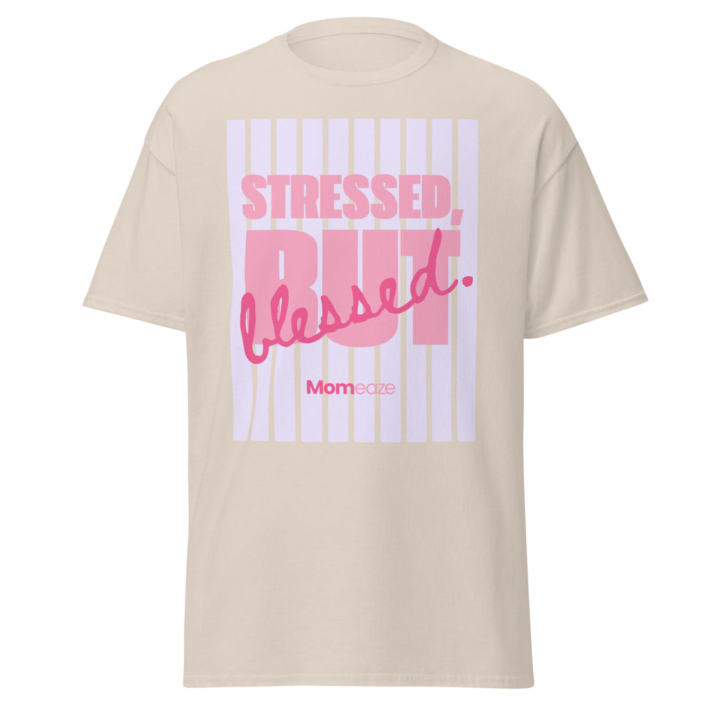 Stressed, But Blessed tee in natural unbleached cotton, front view with the phrase printed across the chest