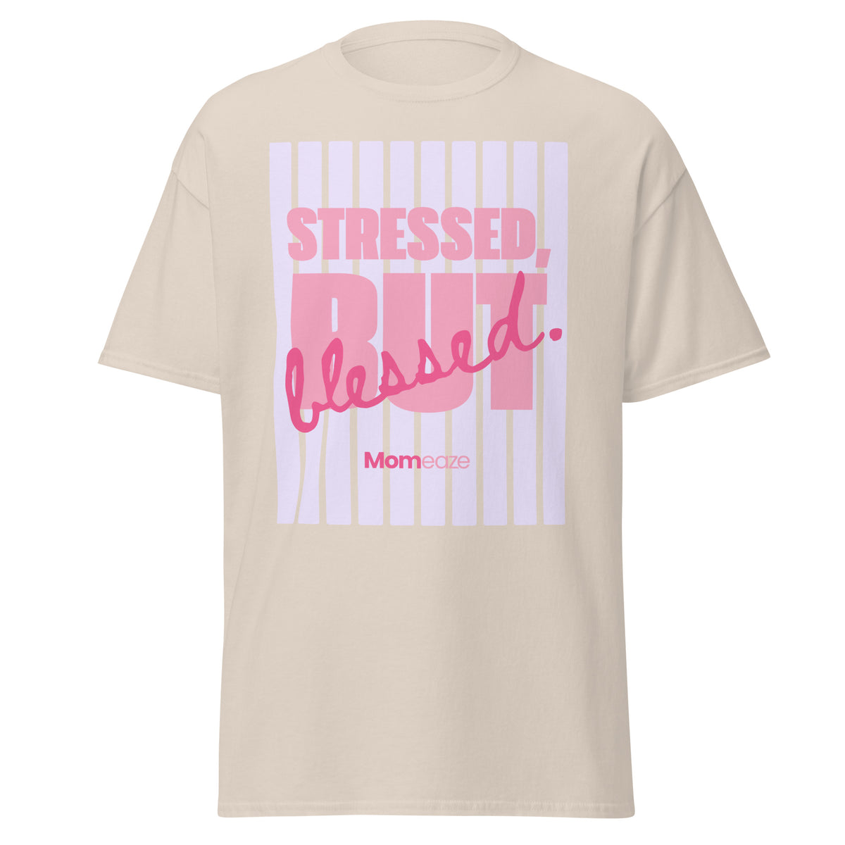 Stressed, But Blessed tee in natural unbleached cotton, front view with the phrase printed across the chest
